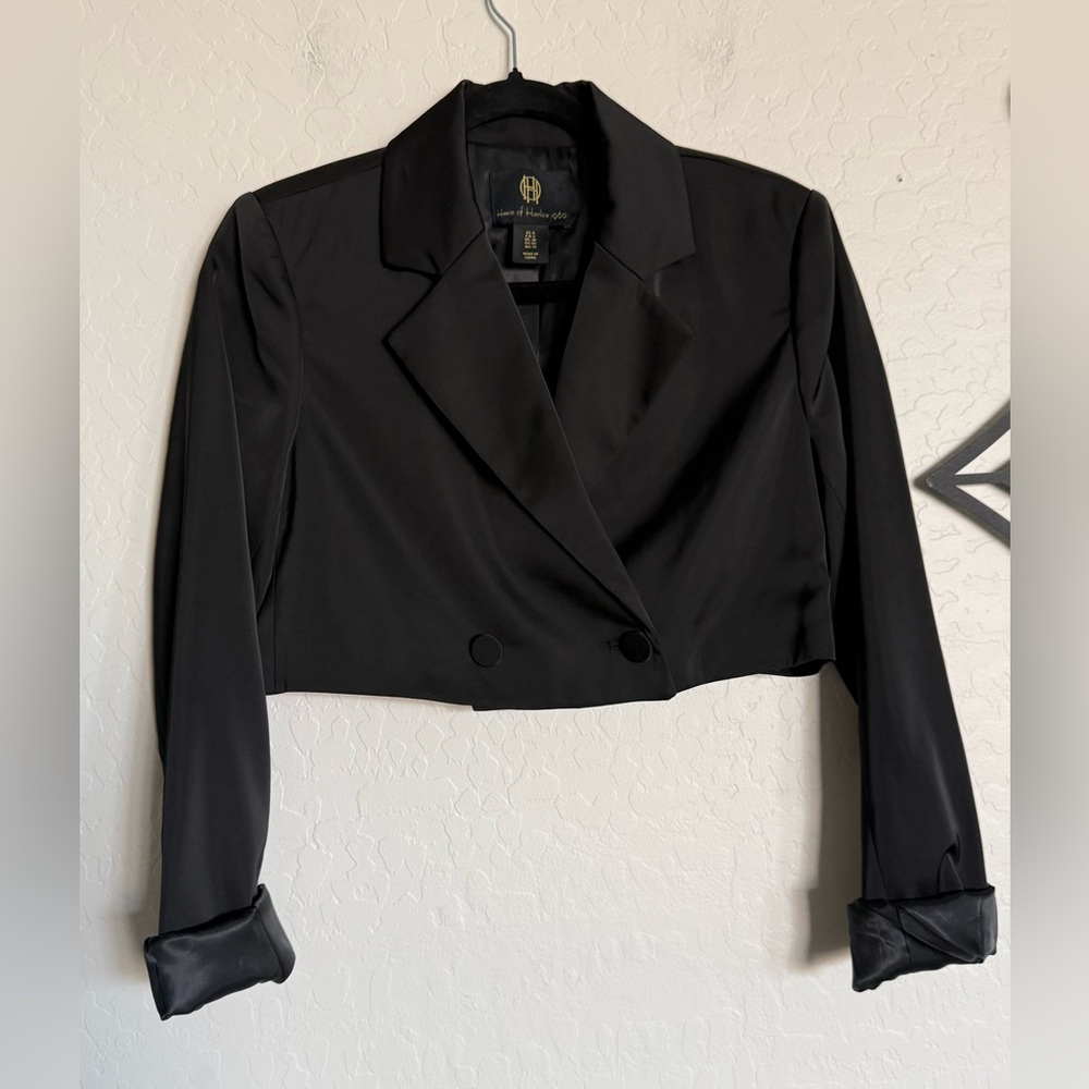 HOUSE OF HARLOW 1960 (Revolve) Black Sateen Double-Breasted Cropped Blazer - 6